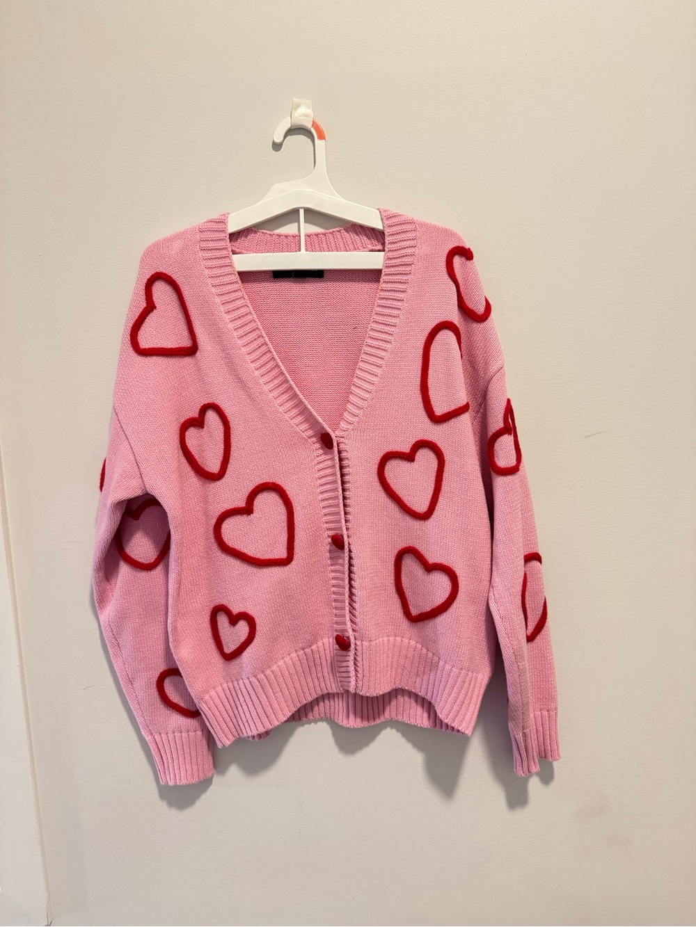 Target Pink Cardigan Sweater with Red Heart Appliqués